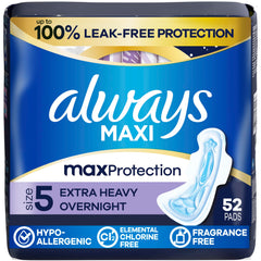 Always Maxi frontal del paquete mostrando 52 unidades y protección nocturna