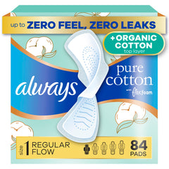 Always Pure Cotton paquete frontal mostrando 84 unidades y beneficio de comodidad