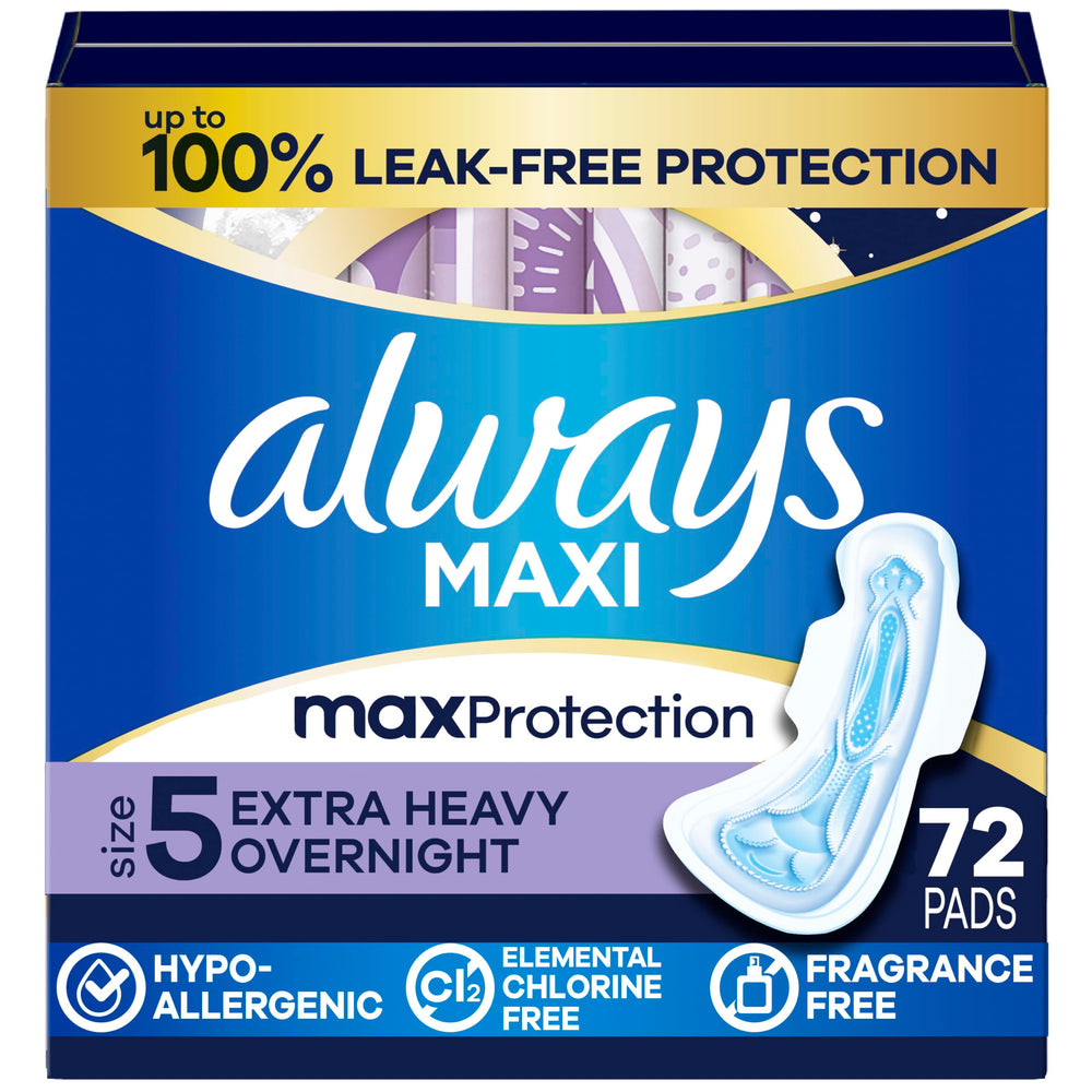 Always Size 5 front packaging showing unscented overnight protection