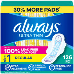 Always ultra thin Size 1 front packaging showing quantity and unscented benefit