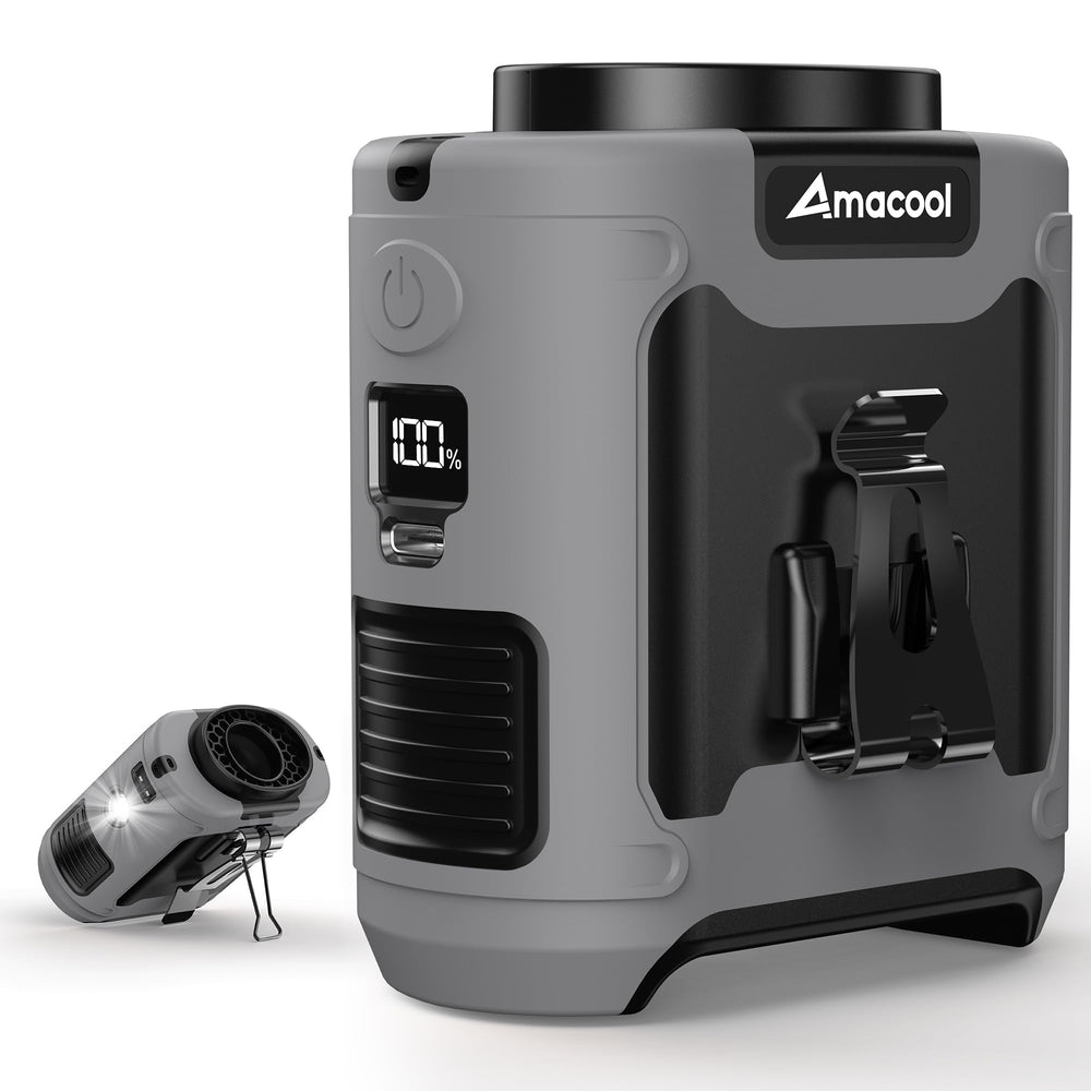 AMACOOL ventilador de cintura vista frontal con clip, sujeción segura