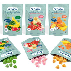 Amara pack frontal mostrando variedad de sabores y beneficios nutritivos