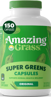 Amazing Grass frasco de 150 cápsulas mostrado frontalmente para conveniencia diaria