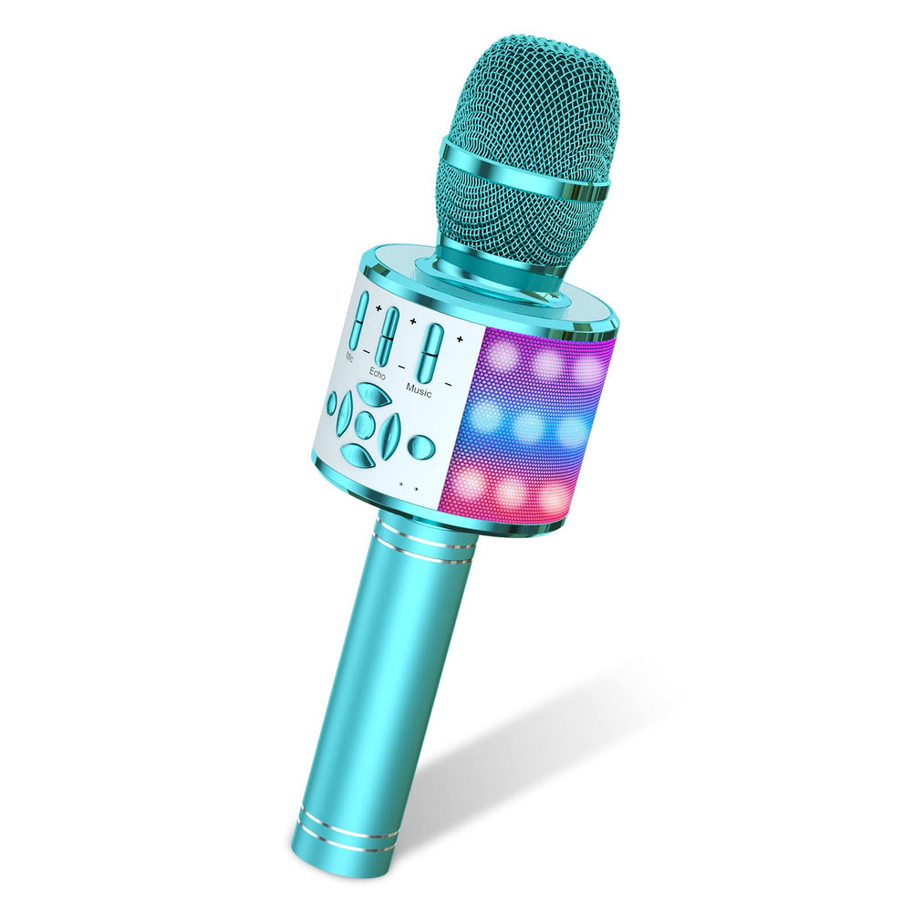 Amazmic micrófono frontal mostrando diseño y altavoz, divertido y portátil