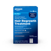 Amazon Basic Care minoxidil 5% frontal mostrando envase y beneficio de uso fácil