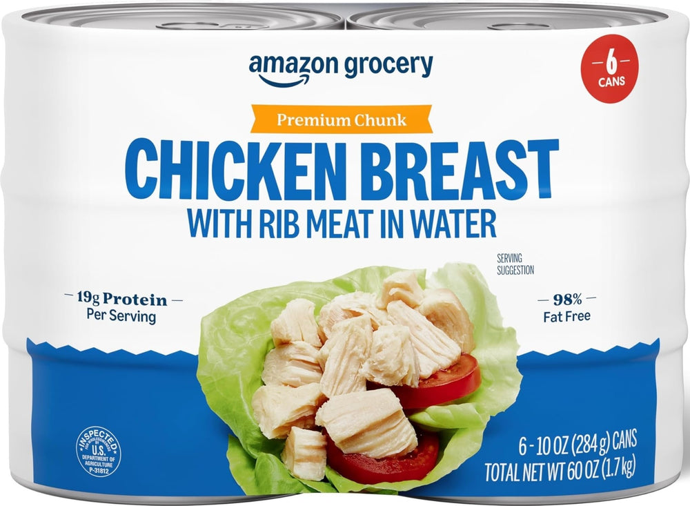 Amazon Grocery lata de pechuga en trozos vista frontal, práctico y proteico