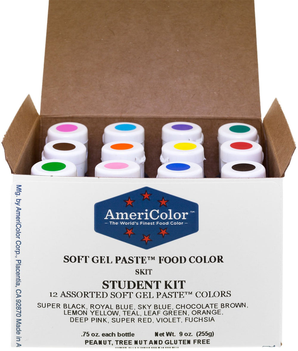 AmeriColor kit frente empaque mostrando 12 botes, color consistente