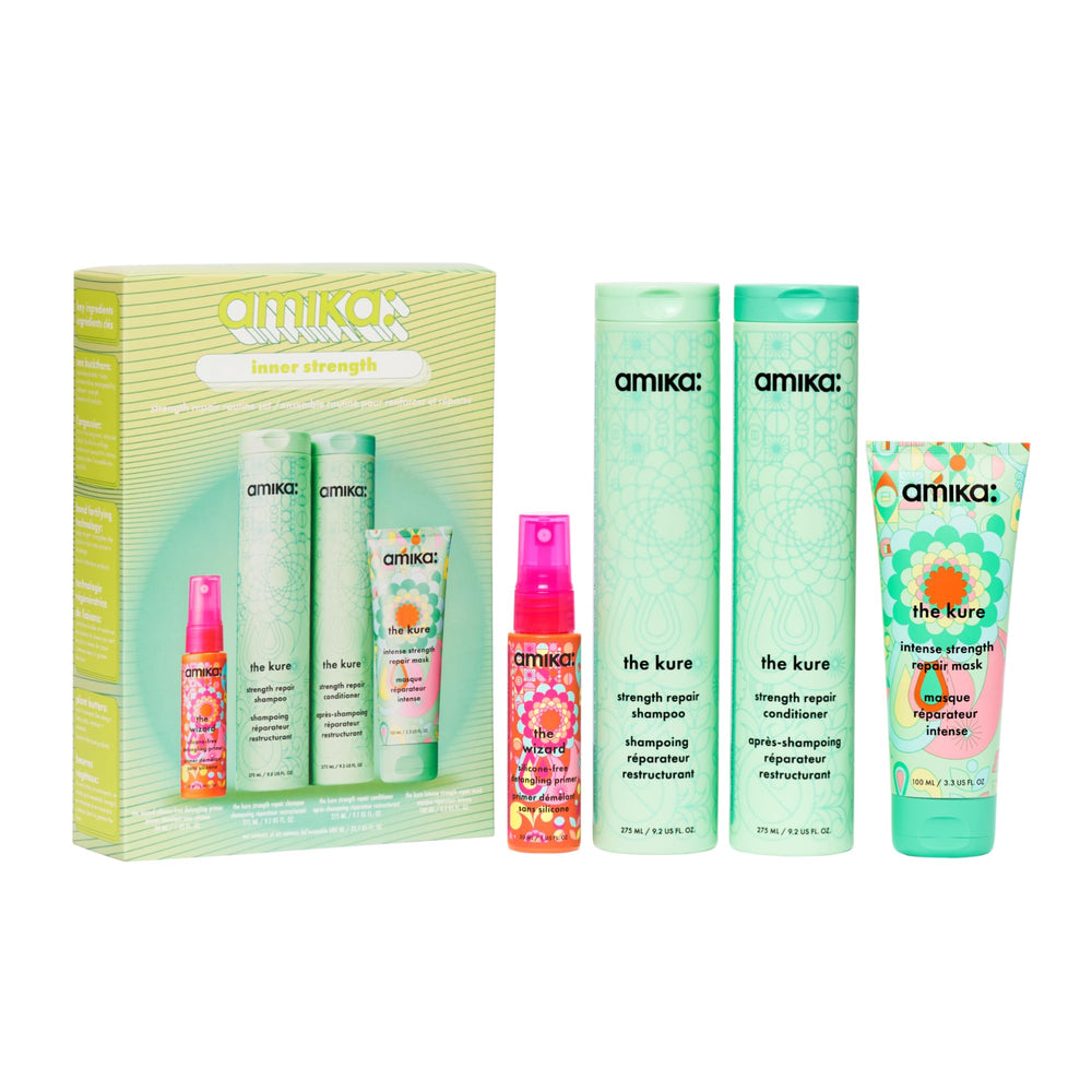 amika bote frontal del set kure mostrando etiqueta y beneficio fortalecedor