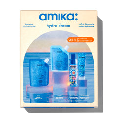 Amika presentación frontal del kit Hydro Dream con enfoque en viaje e hidratación