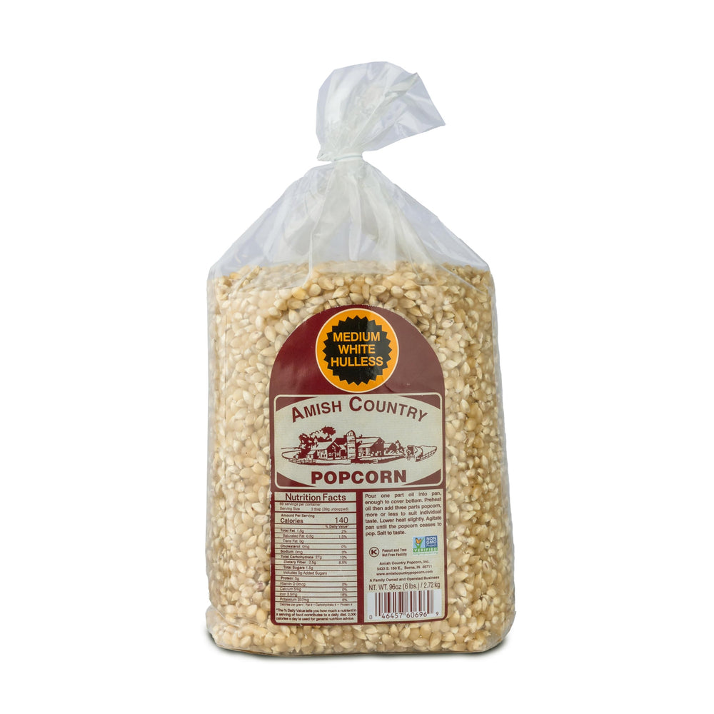 Amish Country Popcorn bolsa frontal que muestra 6 lb y beneficio de cantidad