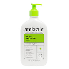 AmLactin frente de la botella con bomba mostrando uso fácil