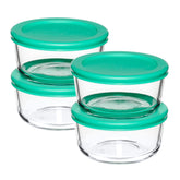 Anchor Hocking frente del set mostrando 4 recipientes y tapas mint, ahorro de espacio