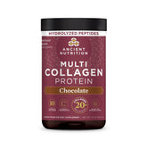 Ancient Nutrition front packaging showing chocolate collagen powder and benefits