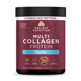 Ancient Nutrition envase frontal sabor vainilla mostrando producto y beneficios