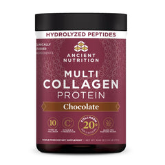 Ancient Nutrition envase frontal sabor chocolate mostrando diseño y beneficios