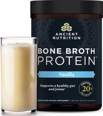 Ancient Nutrition frasco frontal con polvo vainilla, conveniencia inmediata