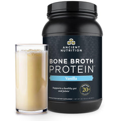 Ancient Nutrition envase frontal mostrando la etiqueta y beneficio proteico