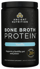 Ancient Nutrition vaso con batido de vainilla listo para beber, aporte proteico