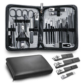 Andrea vista frontal del estuche negro y contenido organizado, portabilidad elegante