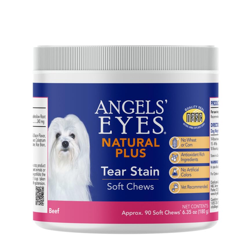 Angels' Eyes frente del empaque mostrando 90 masticables y sello NASC beneficio práctico