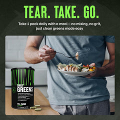 Animal Daily Greens tomado en viaje por atleta, conveniencia y uso inmediato