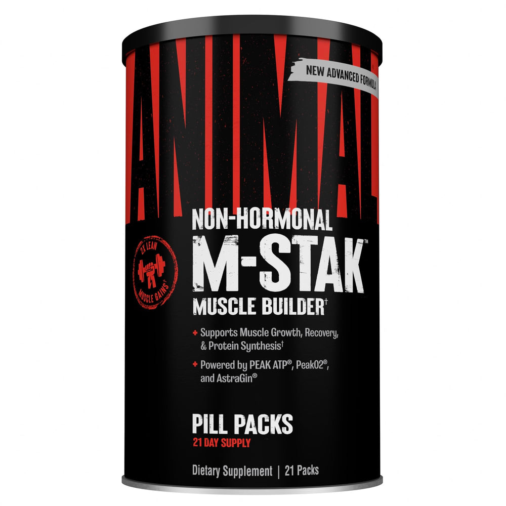 Animal M‑Stak envase frontal mostrando los 21 pill packs para fácil transporte