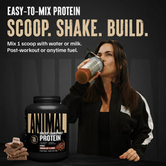 Animal scoop medidor sobre balanza indica porción de 25 g proteína