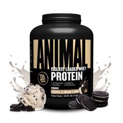 Animal Whey Isolate envase frontal mostrando 4 lb y sabor Cookies & Cream beneficios visuales