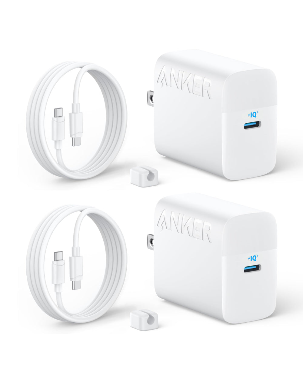 Anker cargador 45W frente y empaque mostrando doble unidad y accesorios