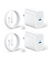 Anker cargador 45W frente y empaque mostrando doble unidad y accesorios