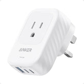 Anker adaptador de viaje frente mostrando clavijas Type G y forma compacta para transporte seguro