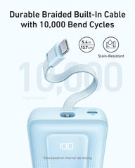 Anker primer plano del cable USB-C integrado, durabilidad y conveniencia