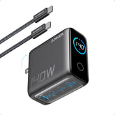 Anker frontal del cargador 140W mostrando puertos y diseño compacto con alta potencia