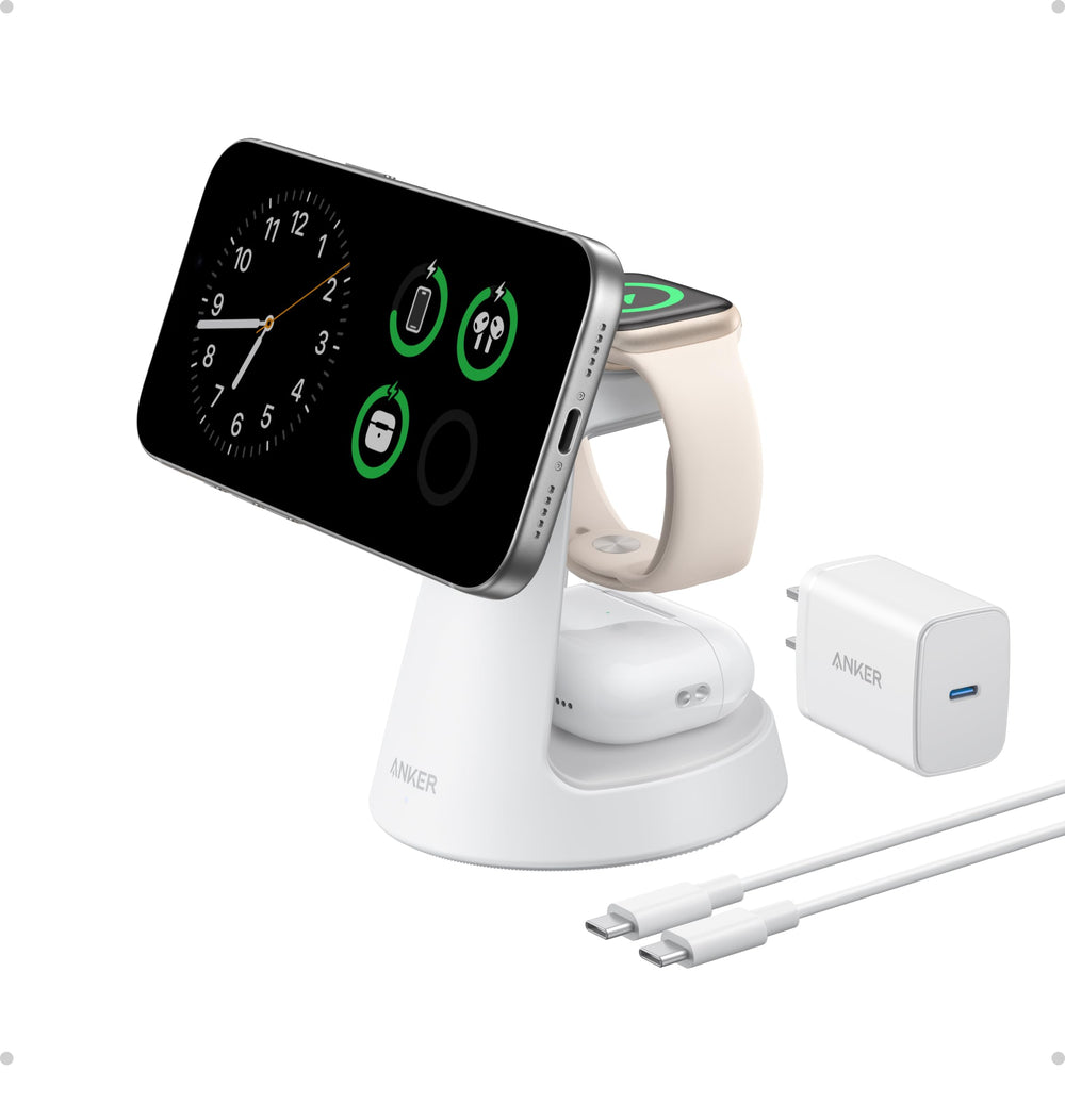 Anker MagGo 3‑in‑1 frontal mostrando carga múltiple y orden en escritorio