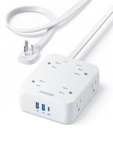 Anker regleta frontal mostrando 8 tomas AC y puertos USB para alta capacidad