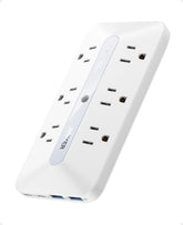 Anker regleta frontal mostrando 6 tomas AC y 4 puertos USB, organiza múltiples cargas