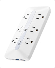 Anker regleta frontal mostrando 6 tomas AC y 4 puertos USB, organiza múltiples cargas