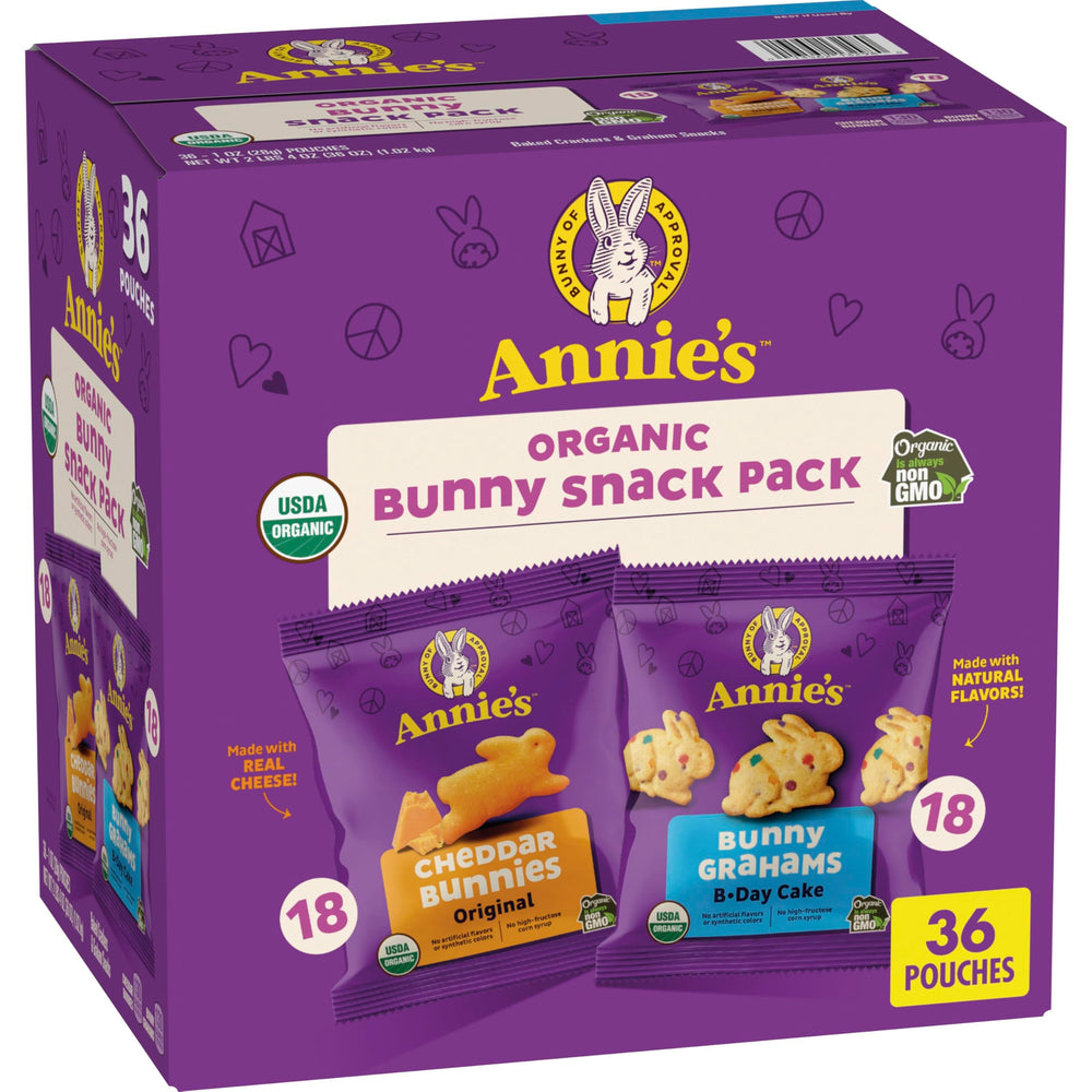 Annie's frente del empaque mostrando mezcla de pouches, fácil de llevar