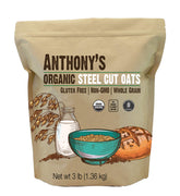Anthony's paquete frontal de avena steel cut mostrando marca y peso, practicidad