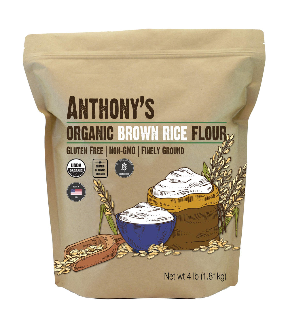 Anthony's paquete frontal de harina integral de arroz orgánica mostrando marca y peso