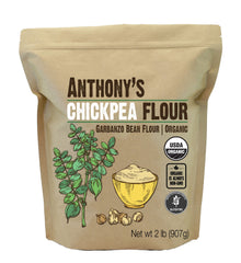 Anthony's paquete frente mostrando harina de garbanzo orgánica, ideal para recetas sin gluten