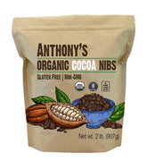 Anthony's paquete frontal de cacao nibs orgánicos mostrando marca y cantidad, práctico para cocinar