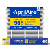 AprilAire frente del empaque mostrando filtro auténtico y beneficio de ajuste perfecto