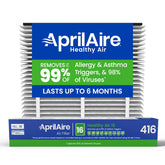 AprilAire filtro 416 vista frontal mostrando empaquetado y texto claro de compatibilidad