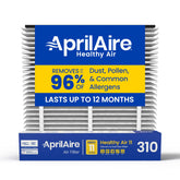 AprilAire vista frontal del empaque que muestra compatibilidad y beneficio de fácil reemplazo
