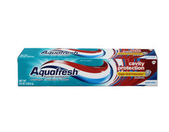 Aquafresh etiqueta detallada con información de flúor y protección contra caries