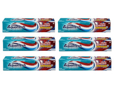 Aquafresh frente del empaque mostrando pack de seis y beneficio de stock duradero