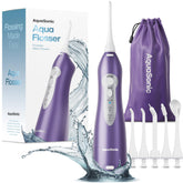 AquaSonic flosser frontal mostrando diseño ergonómico y beneficio de manejo cómodo