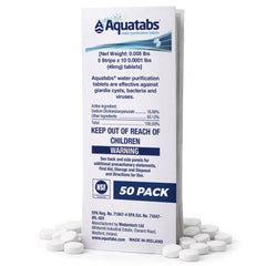 Aquatabs paquete frontal con 50 tabletas mostrando el diseño y facilidad de transporte