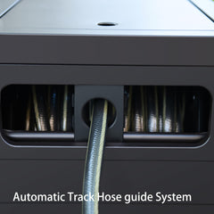 AQUAZILLA hose guide detail demonstrating smooth, kink‑free rewind benefit